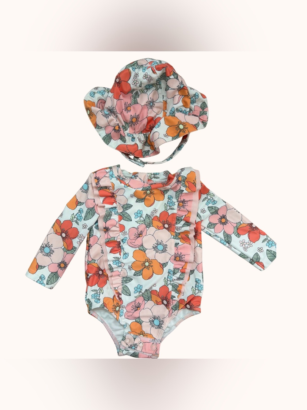 Tucker + Tate Floral Long-Sleeve Swim Onesie & Sun Hat - Pink, Orange, Mint
